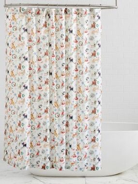 Pottery Barn Christmas Dogs Shower Curtain - White with Multicolor Dog Print BN